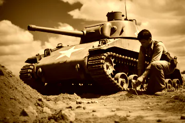 Man Kneeling in the dirt beside a tank.