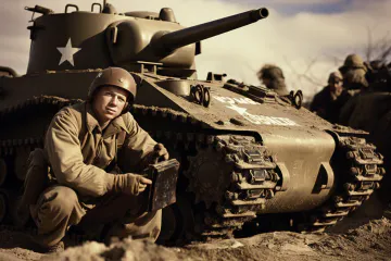 Man crouching beside the treads of a tank.