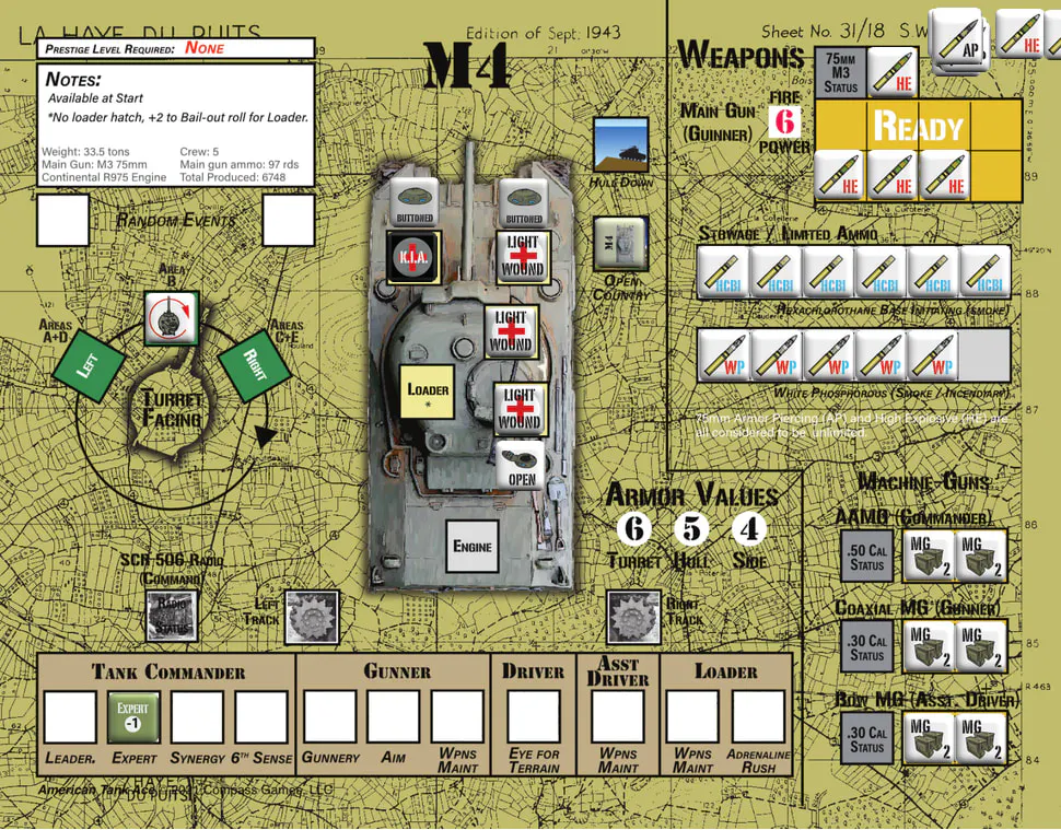 Game board depicting an M4 Sherman Tank's status