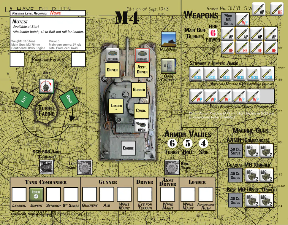 Game board depicting an M4 Sherman Tank's status