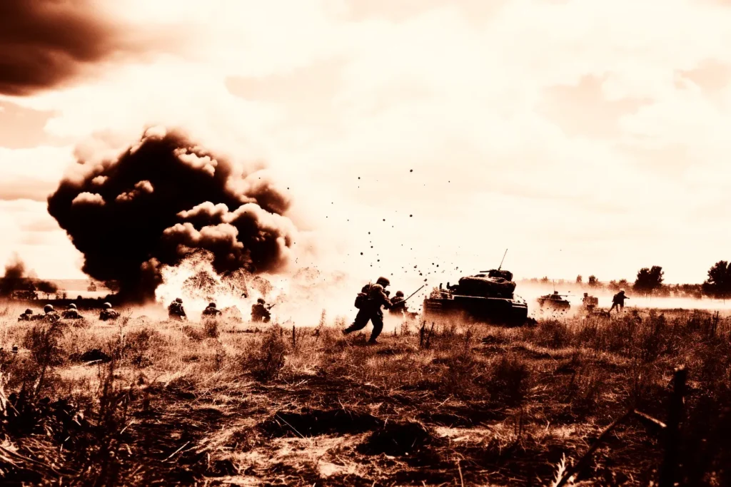 A World War 2 battle on an open field.