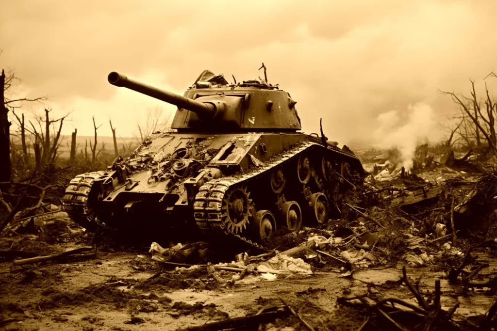 The destroyed wreckage of an M4 Sherman tank.