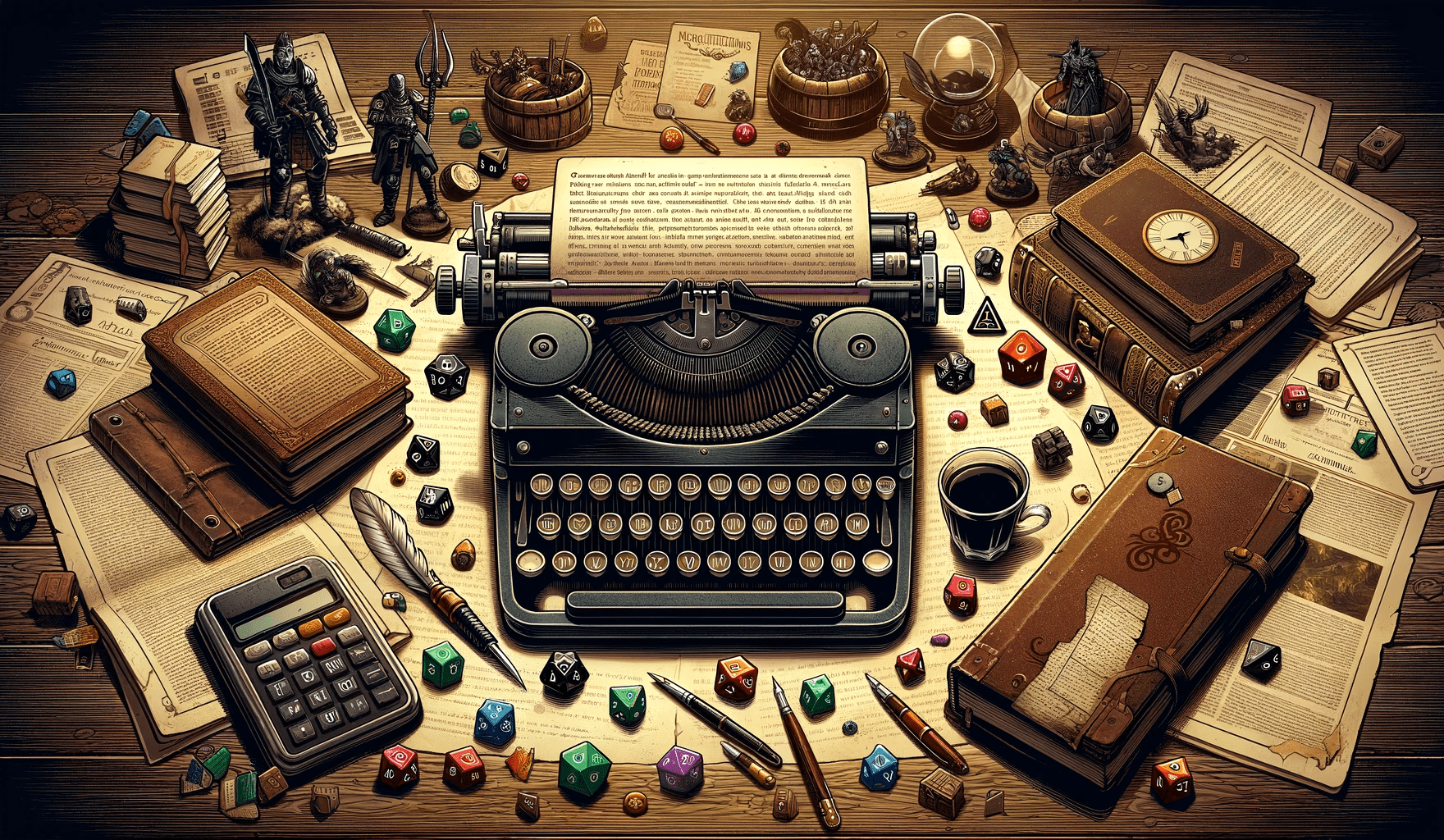 old type-writer on a desk with dice and books